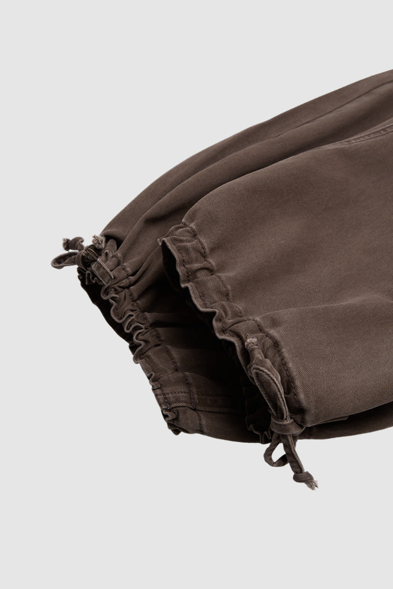 Solid Patch Pocket Drawstring Hem Mid Waist Cropped Wide Leg Pants