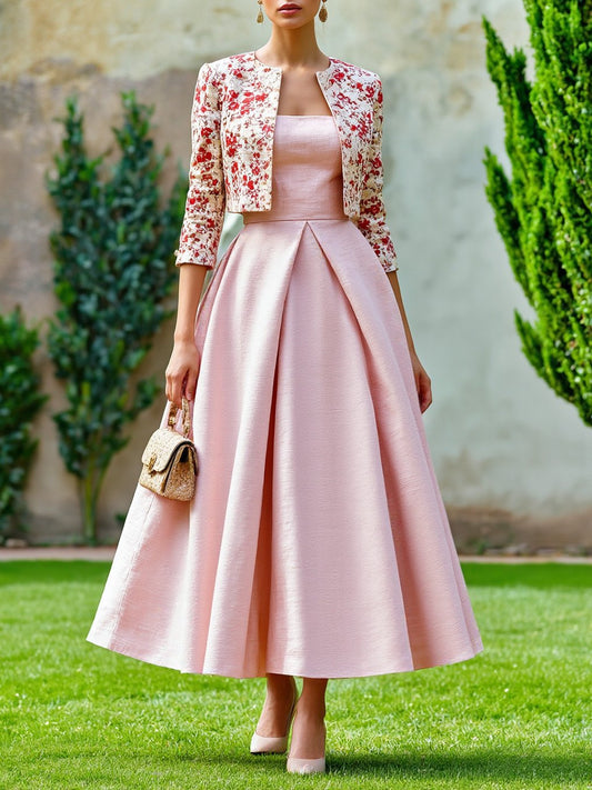 Ensemble robe longue en coton, manches mi-longues, col rond, fleuri, poches, vintage français, rose clair