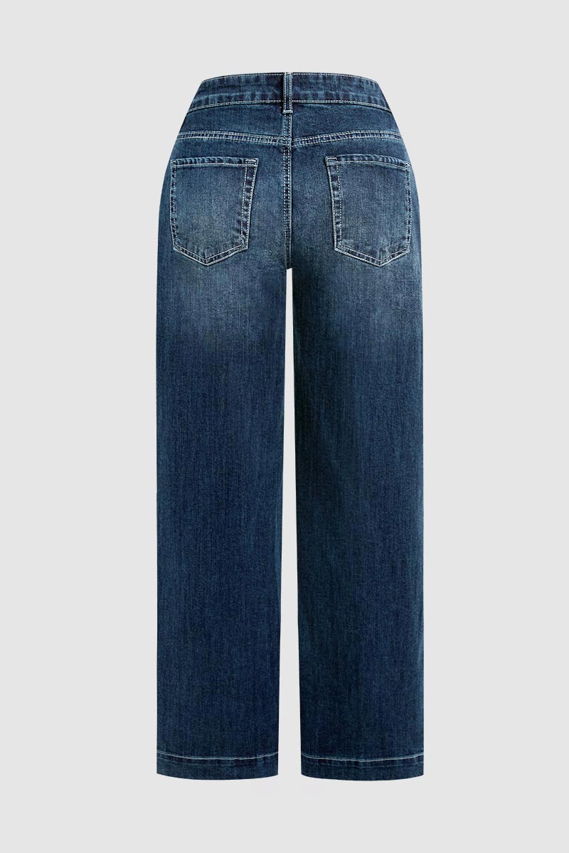 Wash Stitch Detail Mid Rise Straight Leg Jeans Without Belt