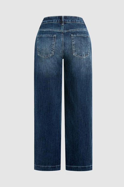 Wash Stitch Detail Mid Rise Straight Leg Jeans Without Belt
