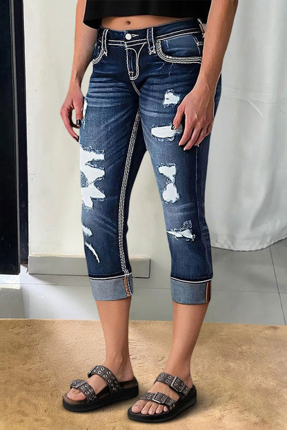 Ripped Roll Hem Wash Stretchy Low Waist Capri Jeans