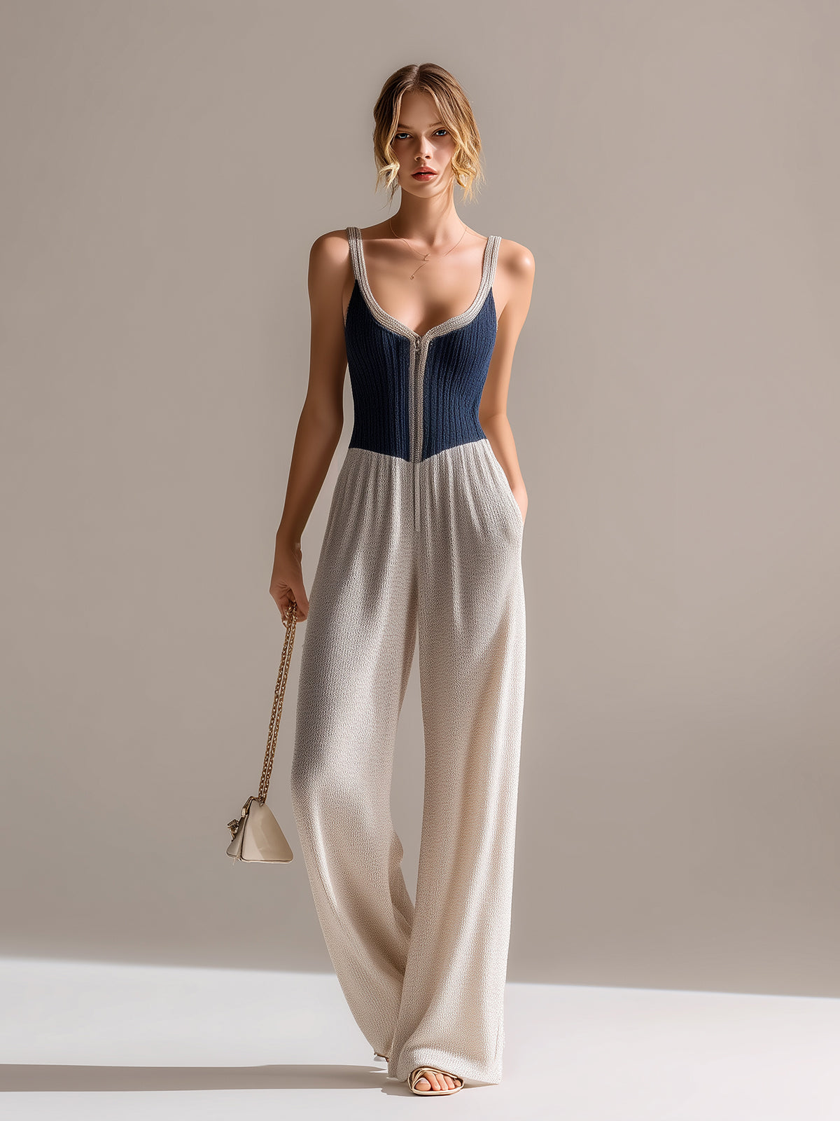 Chic Elegant Navy-Beige Colorblock Camisole V-Neck Zipper-Front Tailored-Waist  Wide Leg Knit Jumpsuit