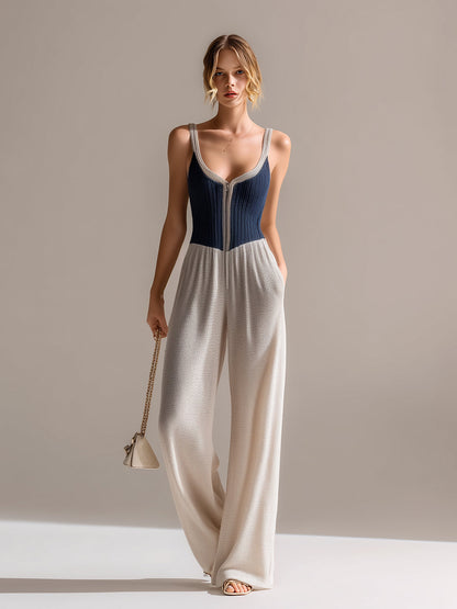 Chic Elegant Navy-Beige Colorblock Camisole V-Neck Zipper-Front Tailored-Waist  Wide Leg Knit Jumpsuit