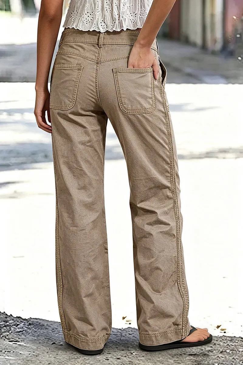 Solid Patch Pocket Mid Waist Wide Leg Pants