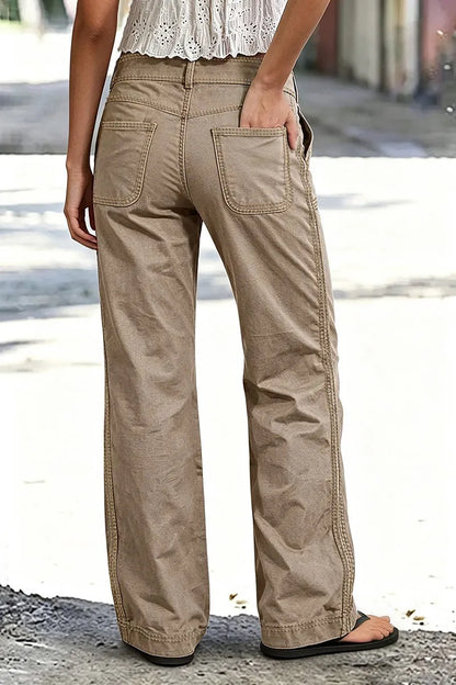 Solid Patch Pocket Mid Waist Wide Leg Pants