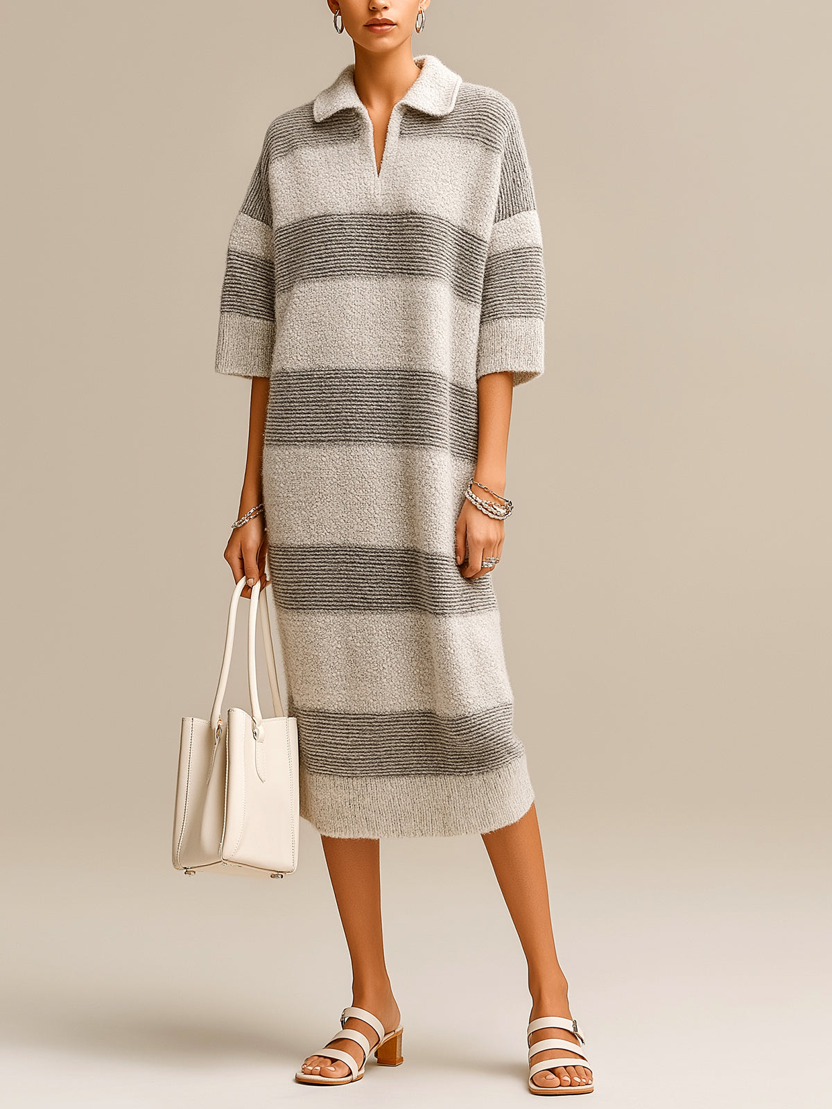 Chic Casual Gray Colorblock Stripes Lapel V-Neck Short-Sleeve Oversize Knit Midi Dress