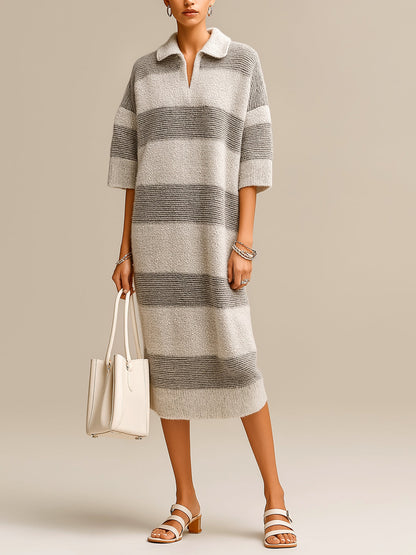 Chic Casual Gray Colorblock Stripes Lapel V-Neck Short-Sleeve Oversize Knit Midi Dress