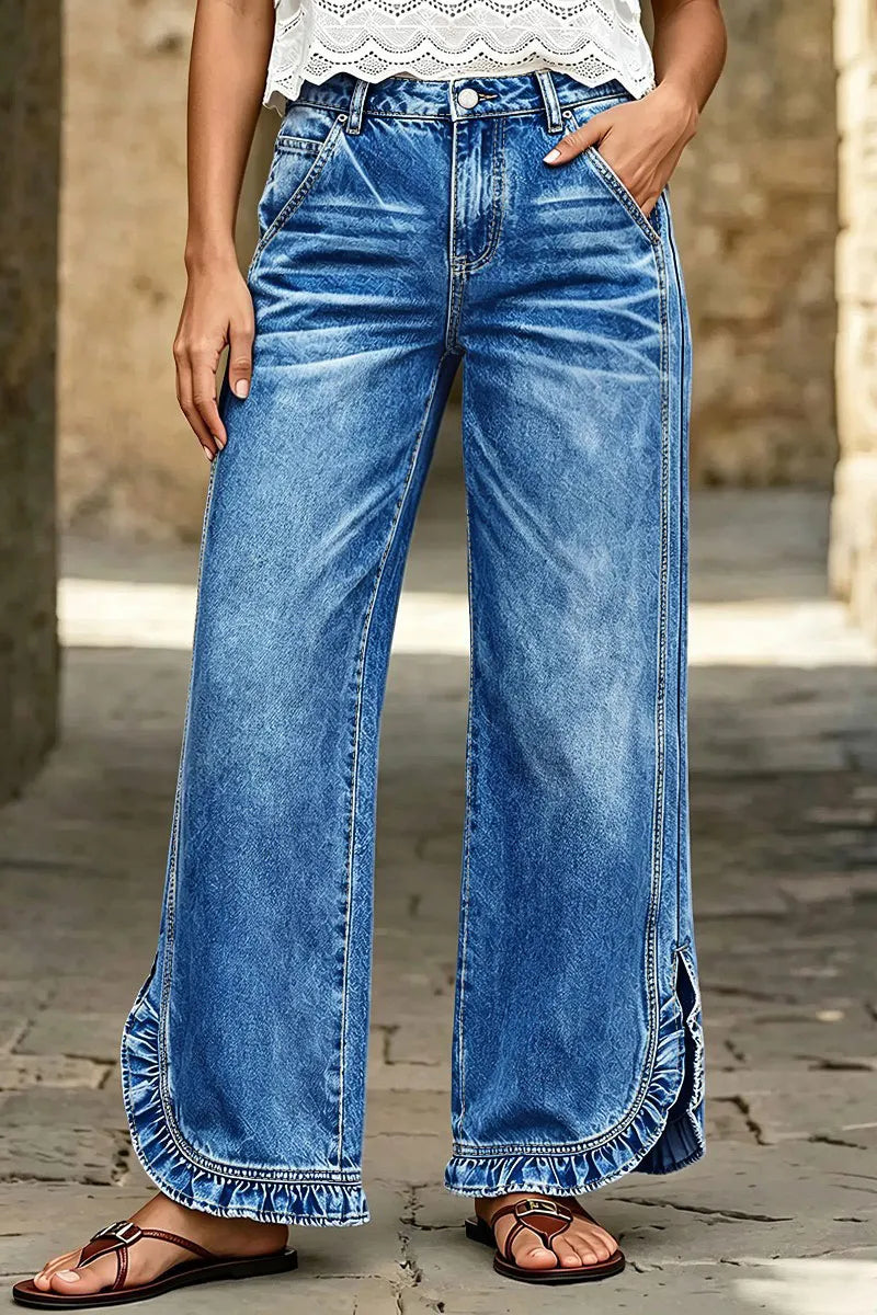 Wash Ruffle Trim Split Hem Mid Rise Wide Leg Jeans