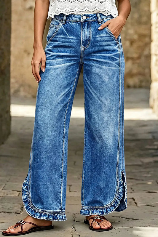 Wash Ruffle Trim Split Hem Mid Rise Wide Leg Jeans