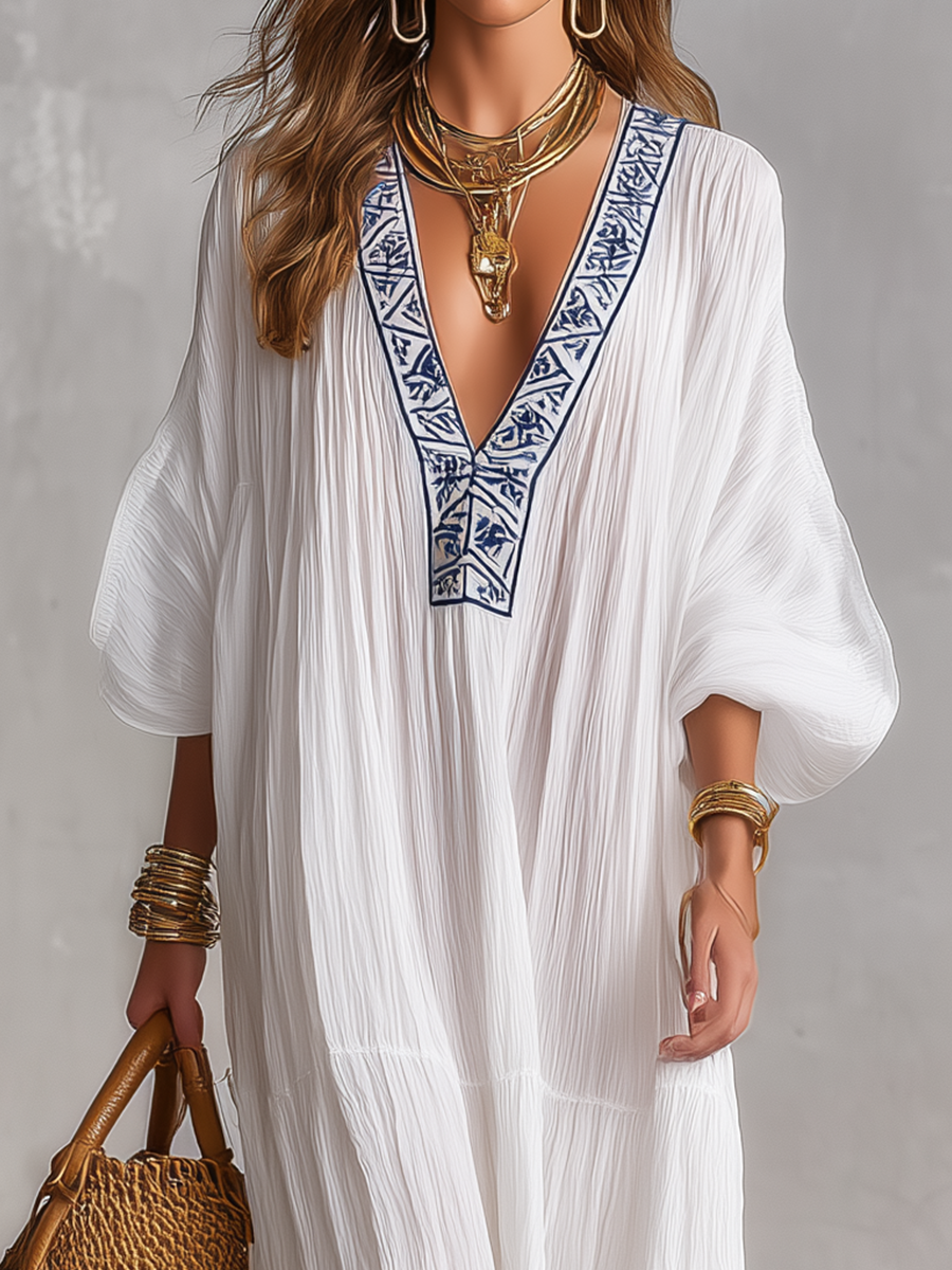 Robe longue bohème brodée col en V froissée type caftan