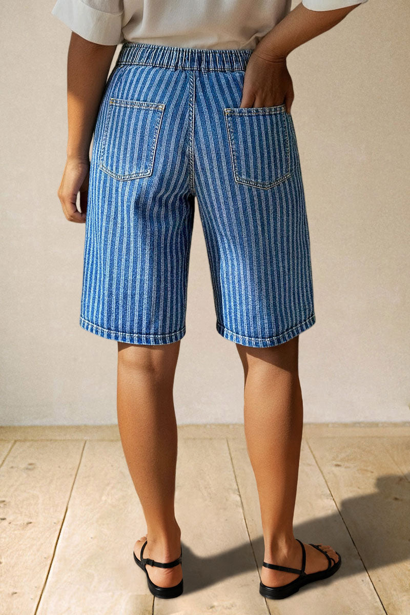 Striped Drawstring Elastic High Rise Denim Bermuda Shorts