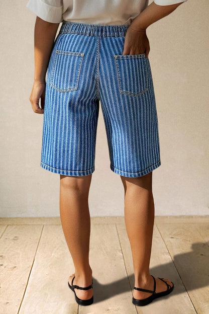 Striped Drawstring Elastic High Rise Denim Bermuda Shorts