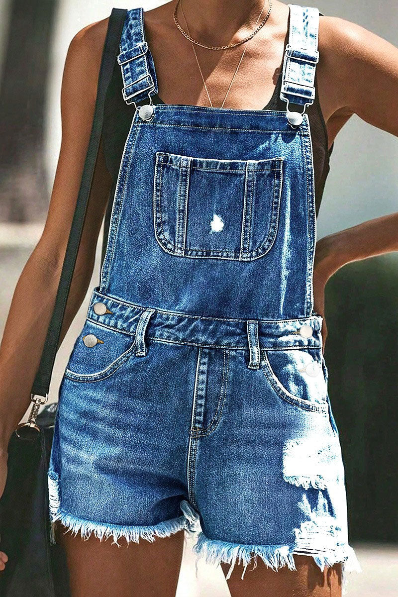 Wash Ripped Raw Hem Patch Pocket Denim Shortalls
