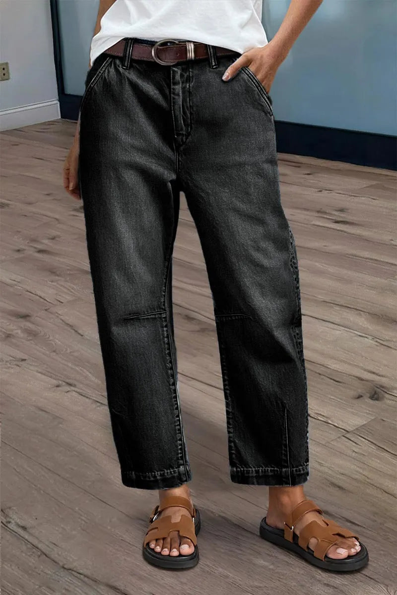 Wash Stitch Detail Mid Rise Barrel Leg Crop Jeans Without Belt