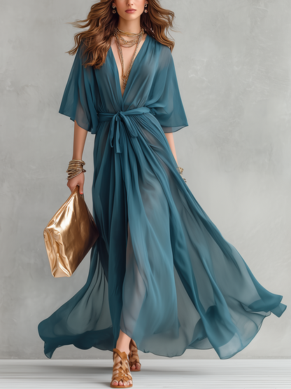 Robe longue en mousseline de soie sarcelle éthérée à col en V et taille nouée