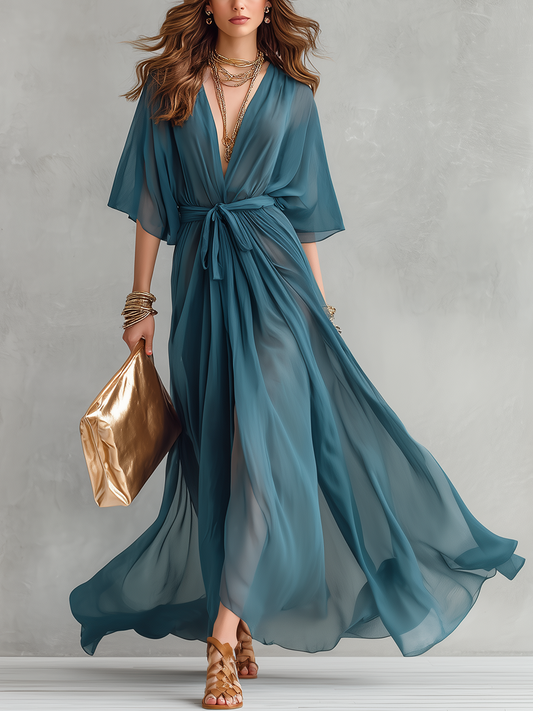 Robe longue en mousseline de soie sarcelle éthérée à col en V et taille nouée