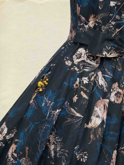 Robe midi en lin, manches longues, col en V, motif floral, boutonnée, style vintage, bleu foncé