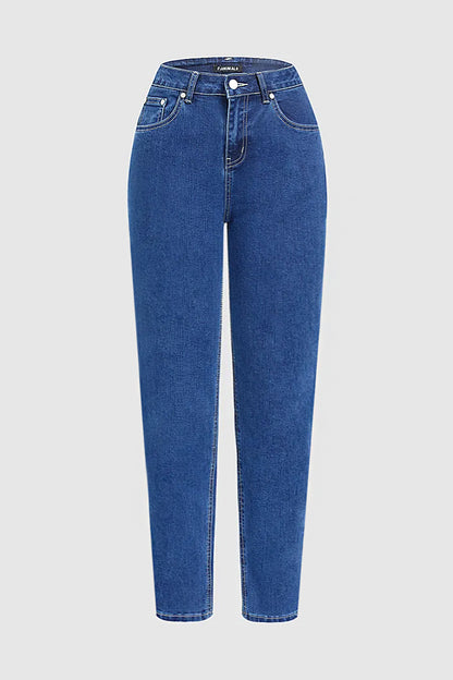 Wash Button Side High Rise Straight Leg Jeans