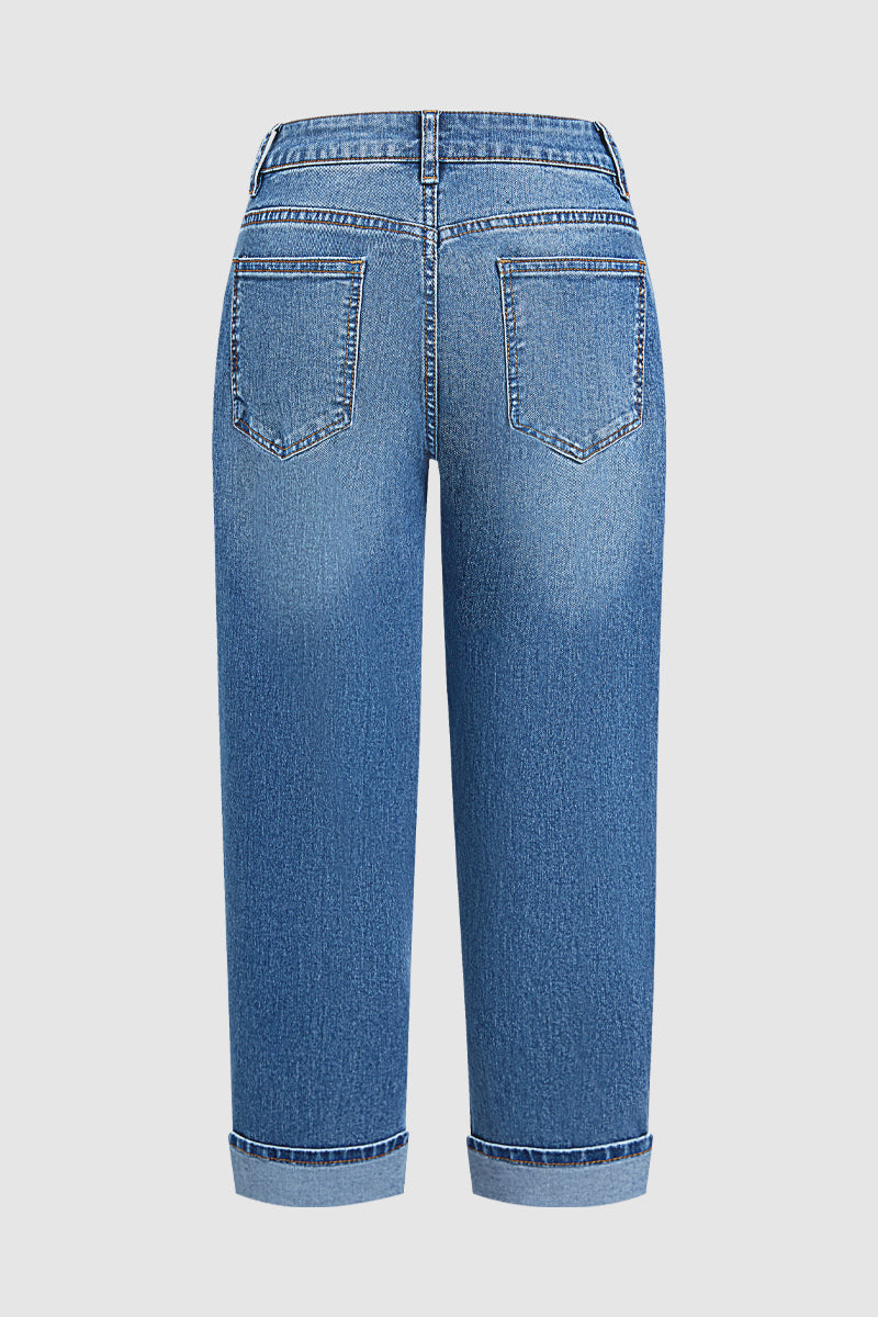 Wash Roll Hem Mid Waist Tapered Crop Jeans Without Belt