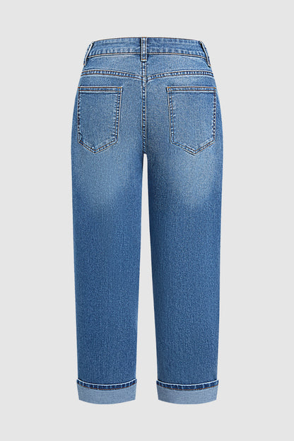 Wash Roll Hem Mid Waist Tapered Crop Jeans Without Belt