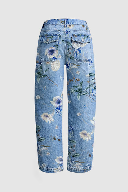 Wash Floral Print Flap Pocket Mid Rise Barrel Leg Crop Jeans