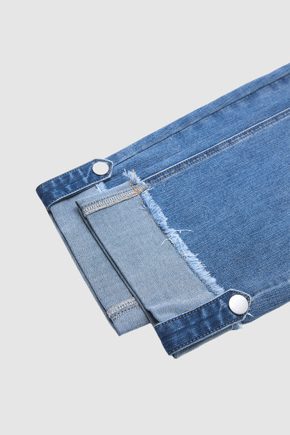 Wash Button Tab Roll Hem Mid Waist Straight Leg Crop Jeans