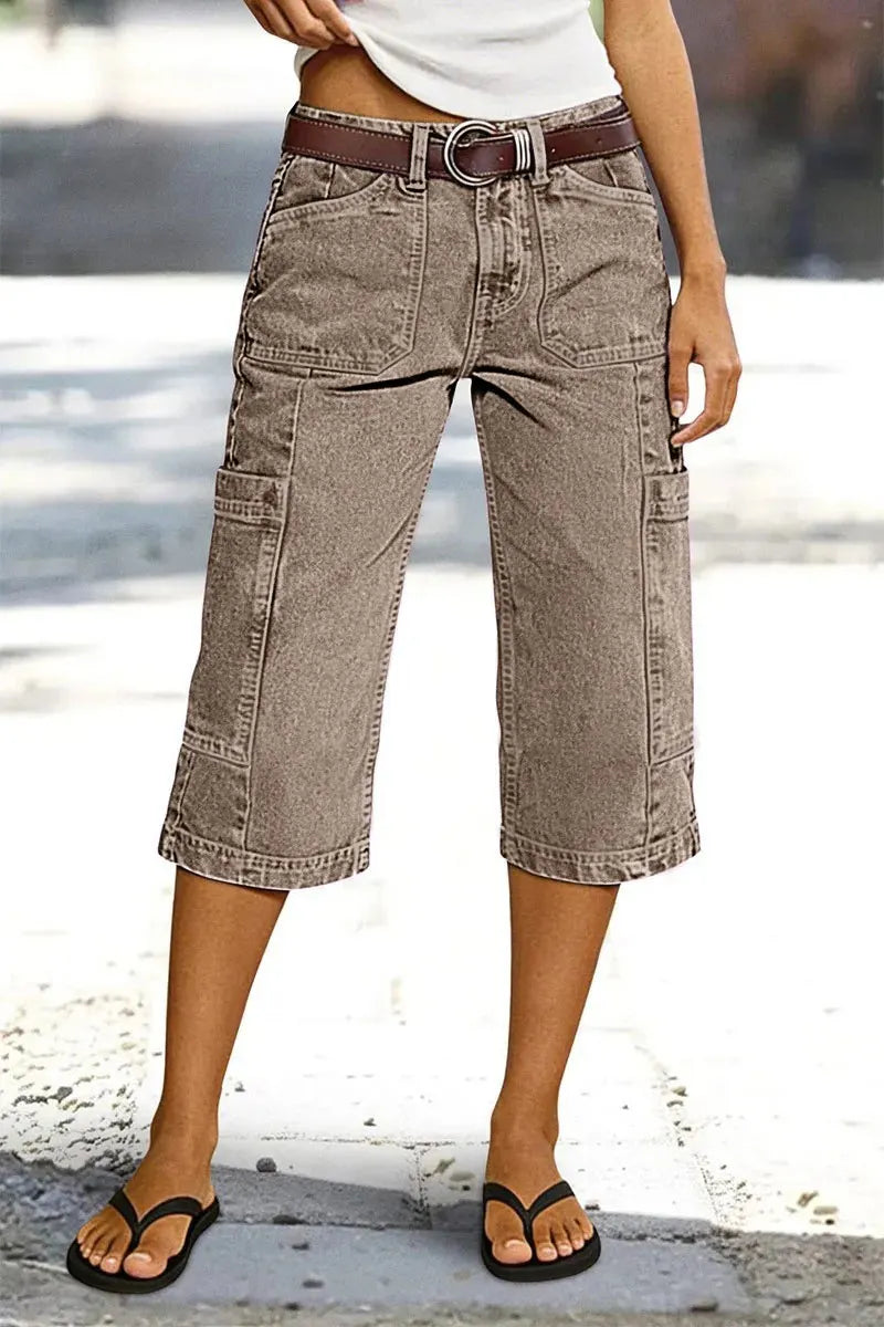 Stitch Detail Side Pocket Mid Waist Straight Leg Capri Pants Without Belt