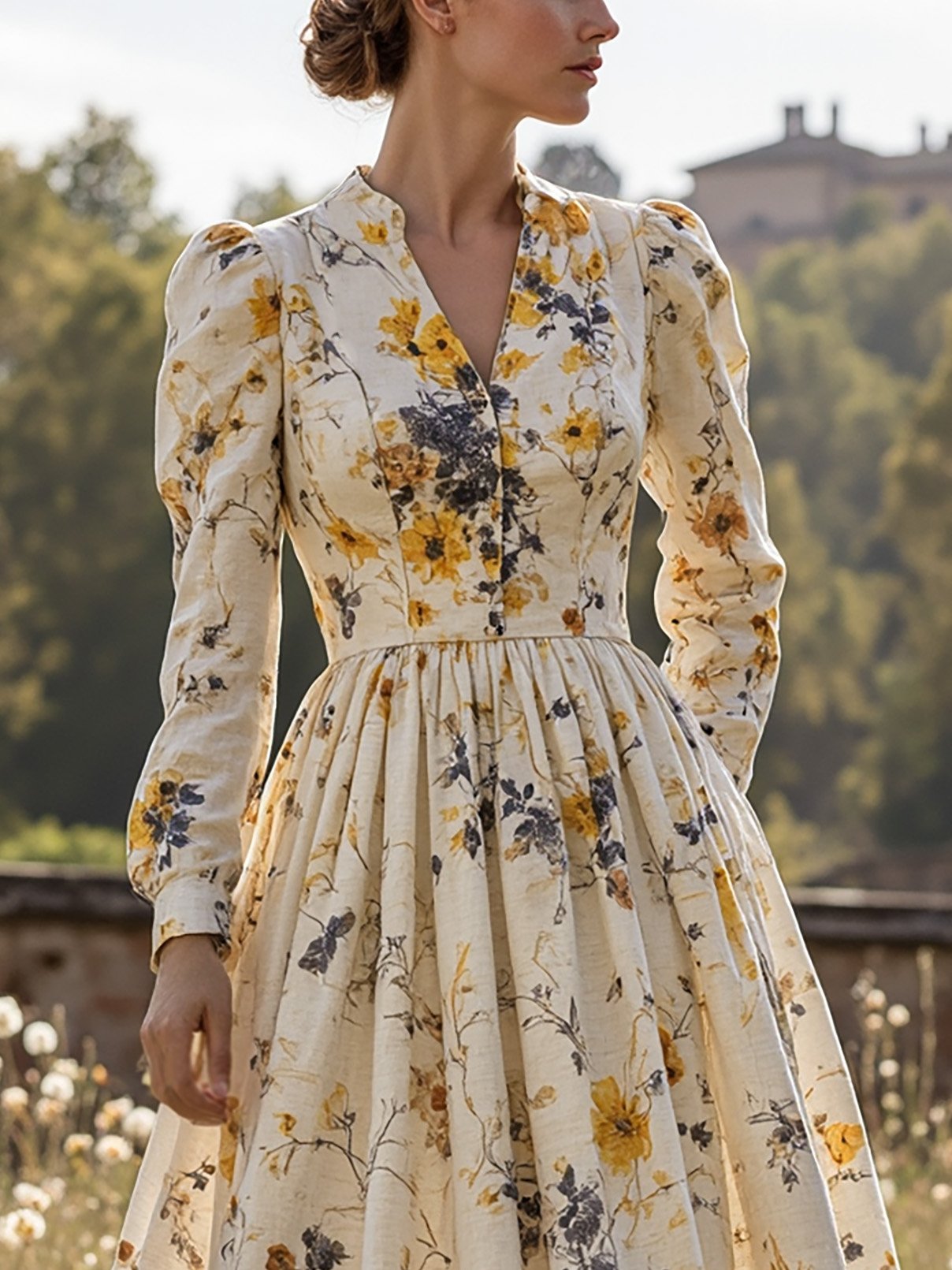 Robe midi en lin, manches longues, col en V, motif floral, boutonnée, style vintage, couleur abricot