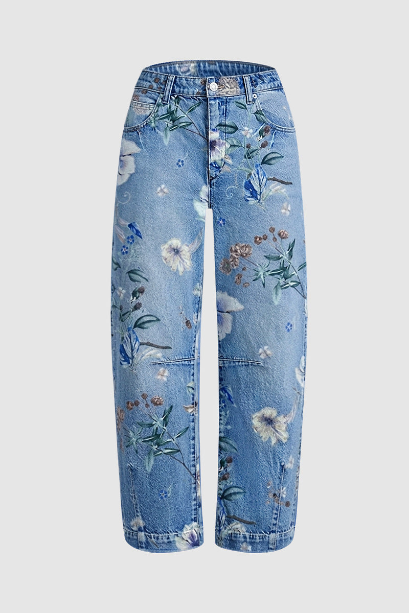Wash Floral Print Flap Pocket Mid Rise Barrel Leg Crop Jeans