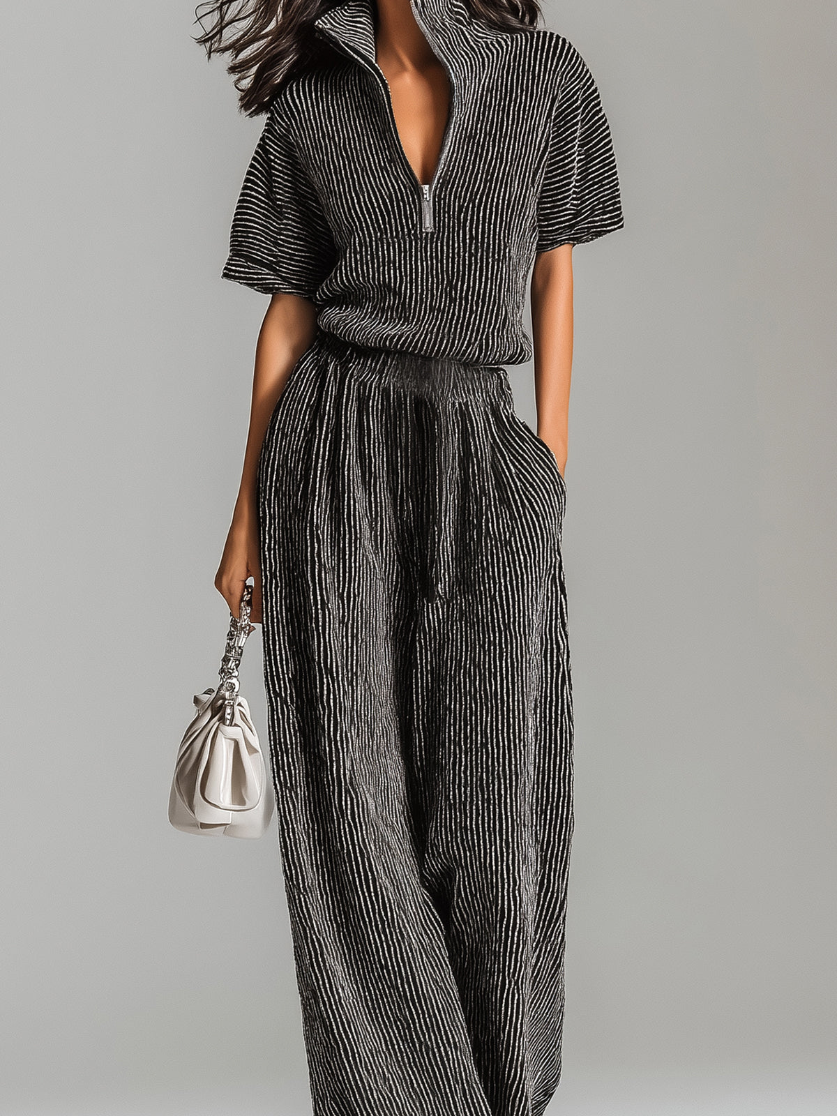Chic Elegant Black Stripes Zipper-Up Stand Collar Short-Sleeve Loose-Fit Sweater And Wide-Leg Pants Knit Two-Piece Set