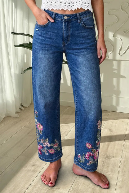 Wash Floral Embroidery Mid Rise Straight Leg Jeans