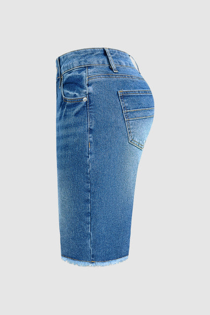 Wash Raw Hem Mid Rise Denim Bermuda Shorts