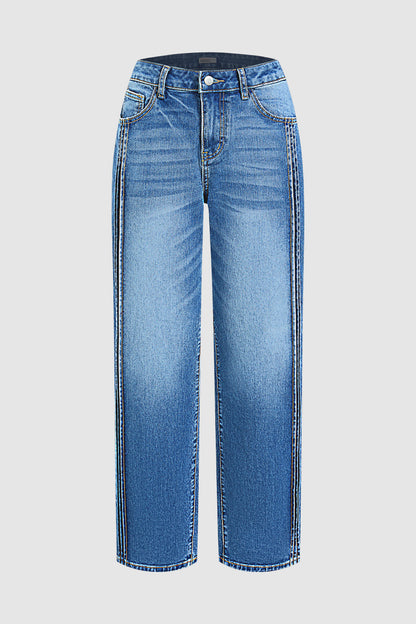 Wash Seam Front Mid Rise Straight Leg Jeans Without Belt