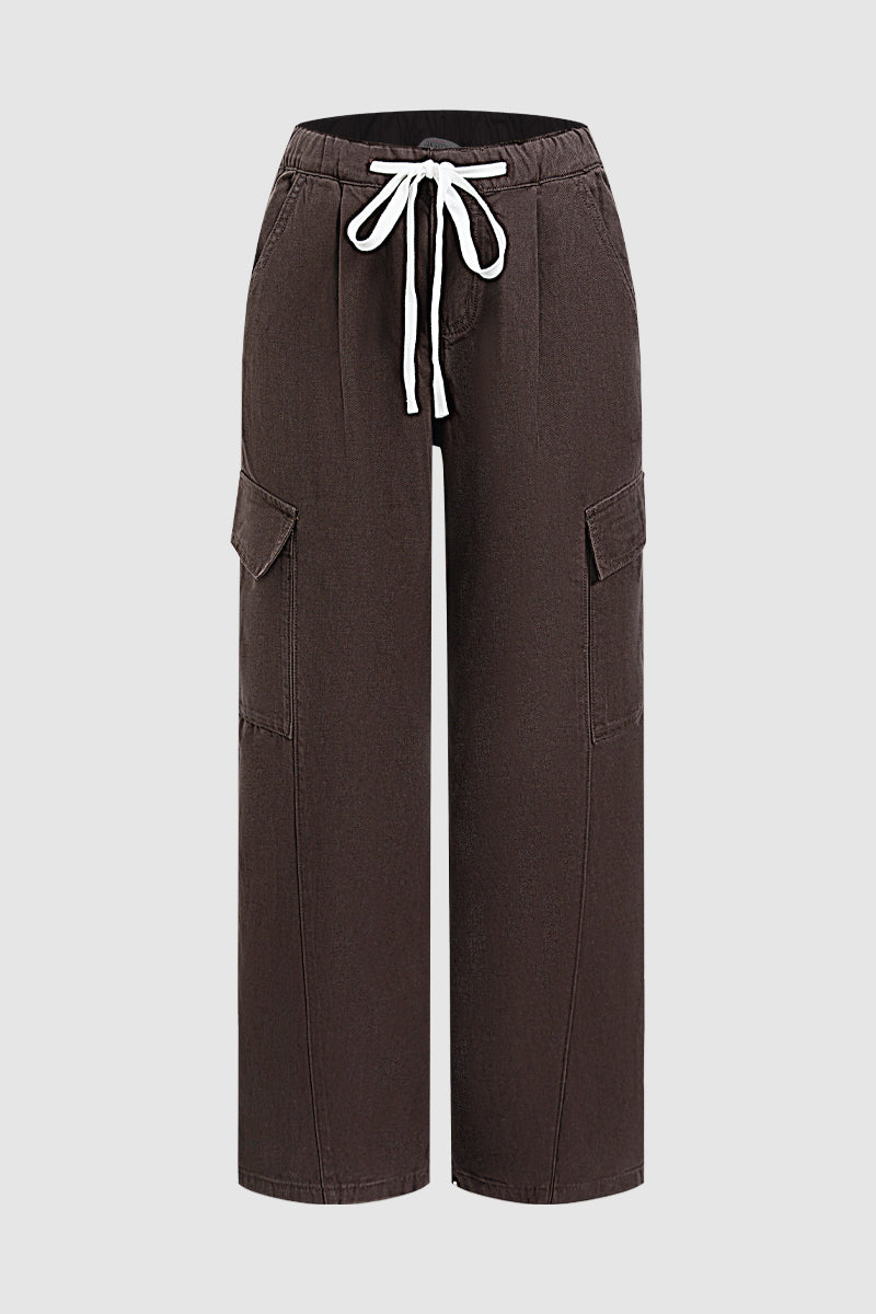 Solid Flap Pocket Drawstring Elastic Mid Waist Wide Leg Cargo Pants