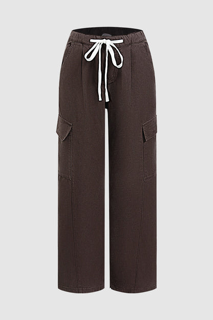 Solid Flap Pocket Drawstring Elastic Mid Waist Wide Leg Cargo Pants