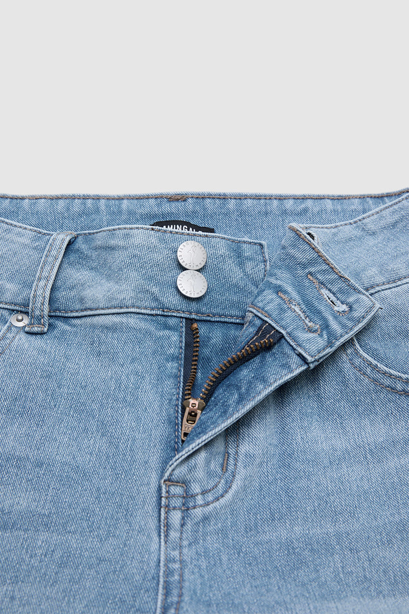 Wash Floral Embroidery High Waist Denim Bermuda Shorts