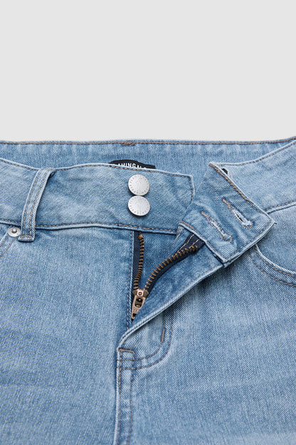 Wash Floral Embroidery High Waist Denim Bermuda Shorts