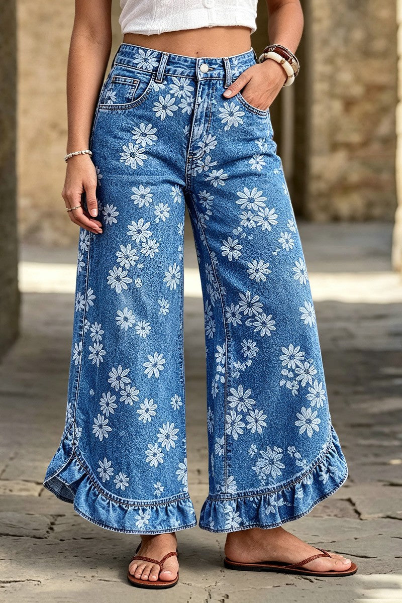 Wash Floral Print Ruffle Hem High Waist Wide Leg Jeans
