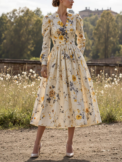 Robe midi en lin, manches longues, col en V, motif floral, boutonnée, style vintage, couleur abricot