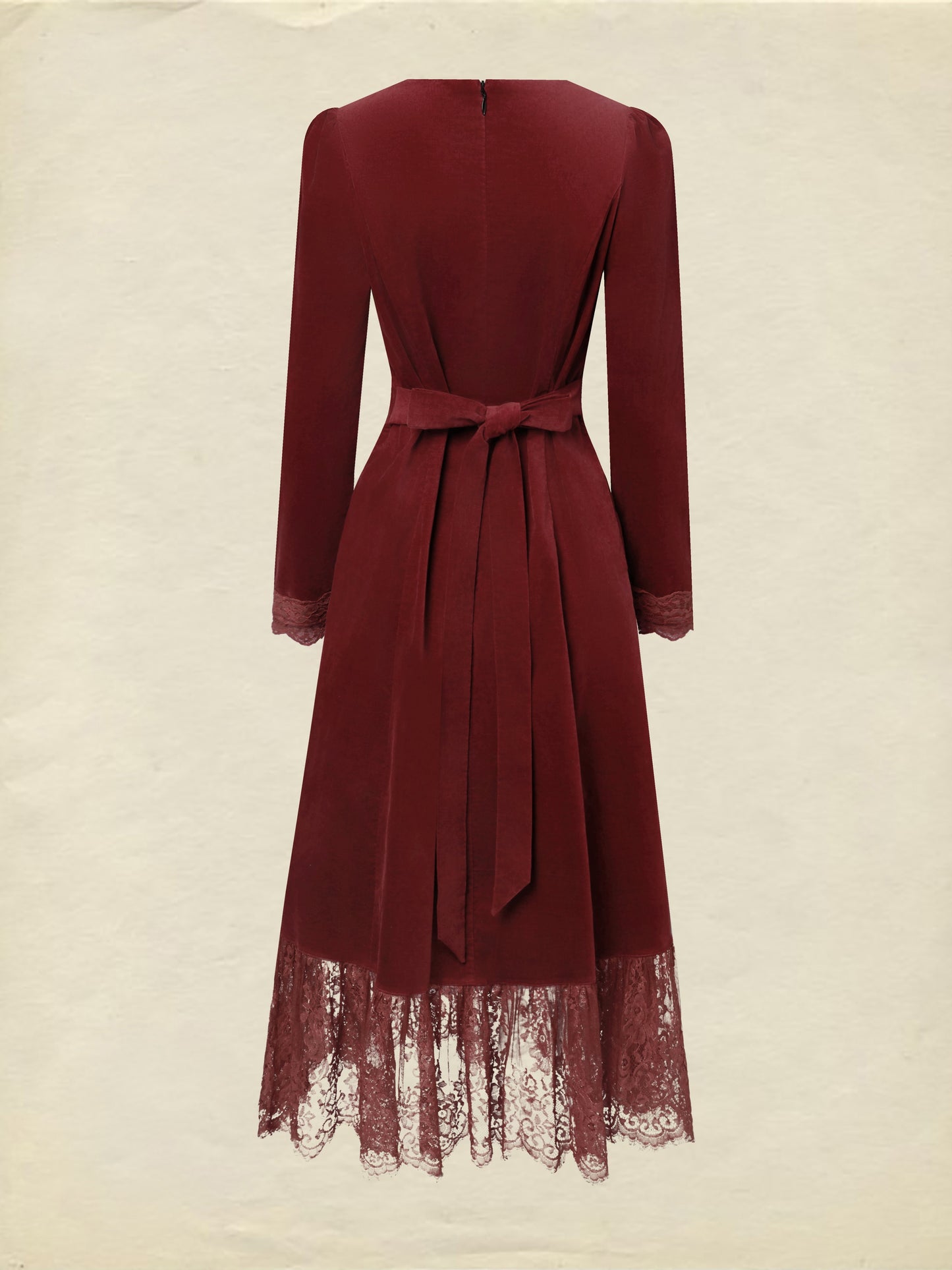 Robe midi en coton, manches longues, col rond, unie, dentelle, vintage, rouge