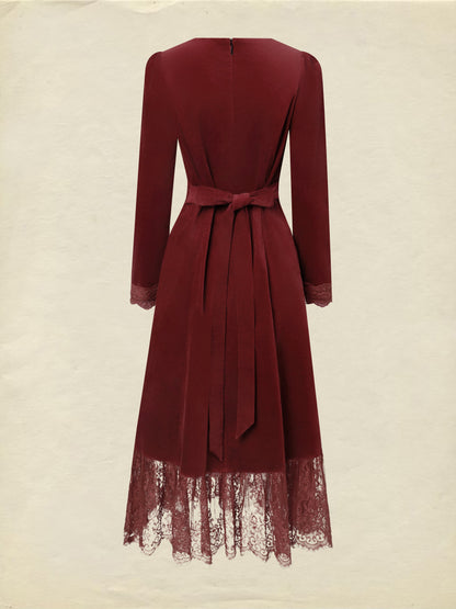 Robe midi en coton, manches longues, col rond, unie, dentelle, vintage, rouge