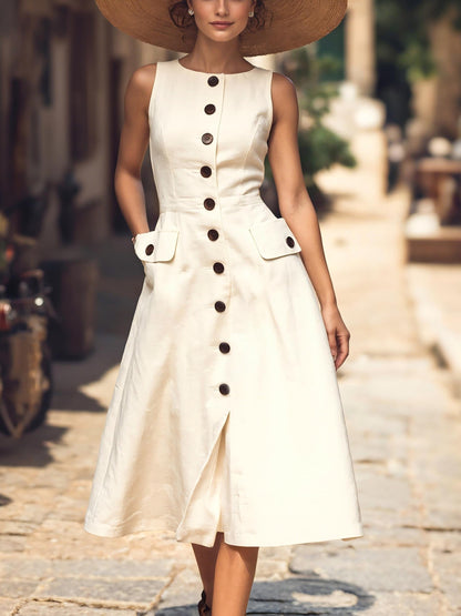 Robe Midi en Lin, Sans Manches, Col Rond, Unie, Boutonnée, Style Vintage Français, Blanc Cassé