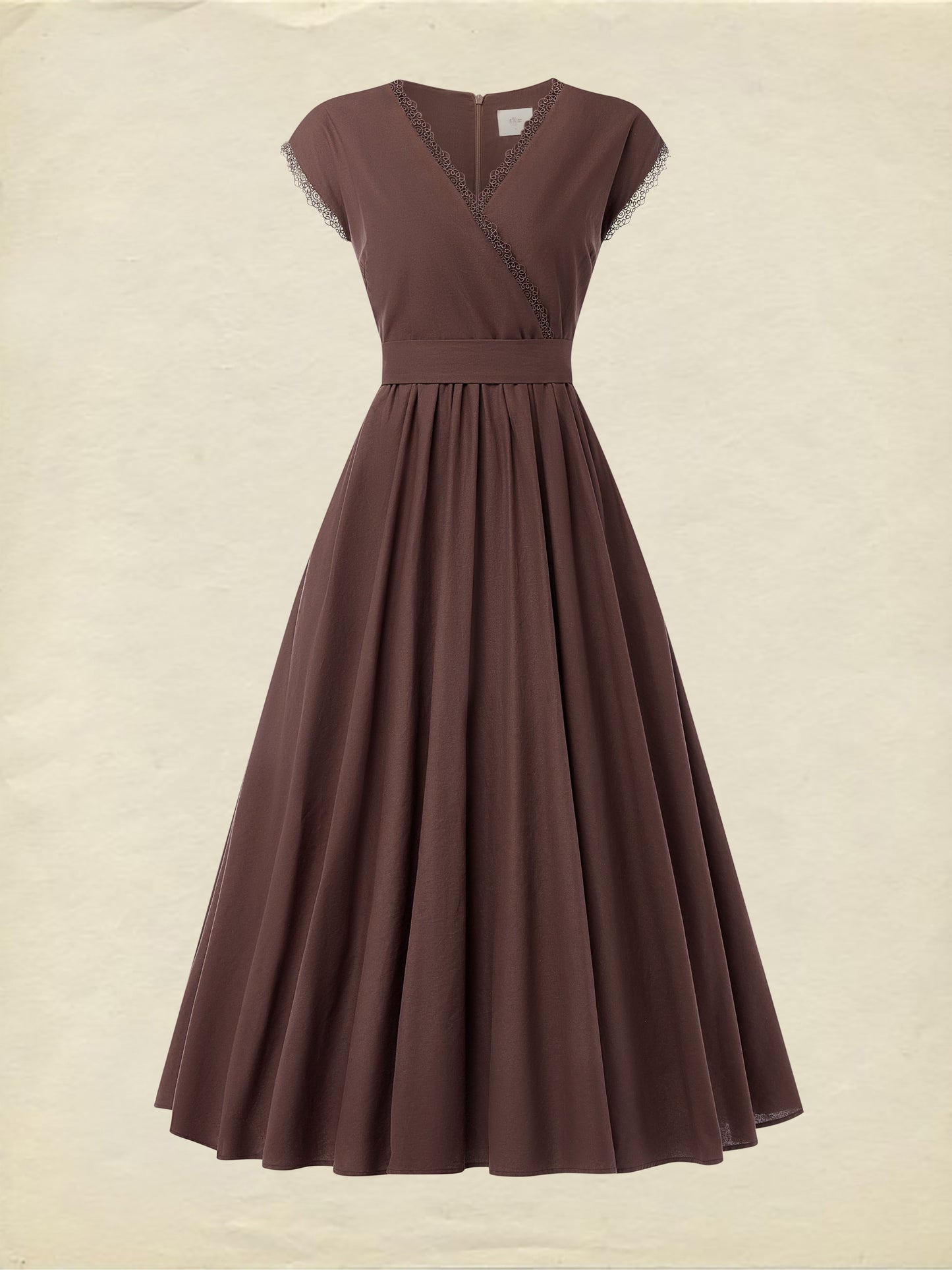 Robe longue en lin, manches courtes, col en dentelle, unie, vintage, BRUN CAMÉE