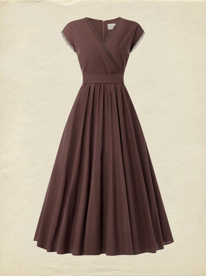 Robe longue en lin, manches courtes, col en dentelle, unie, vintage, BRUN CAMÉE