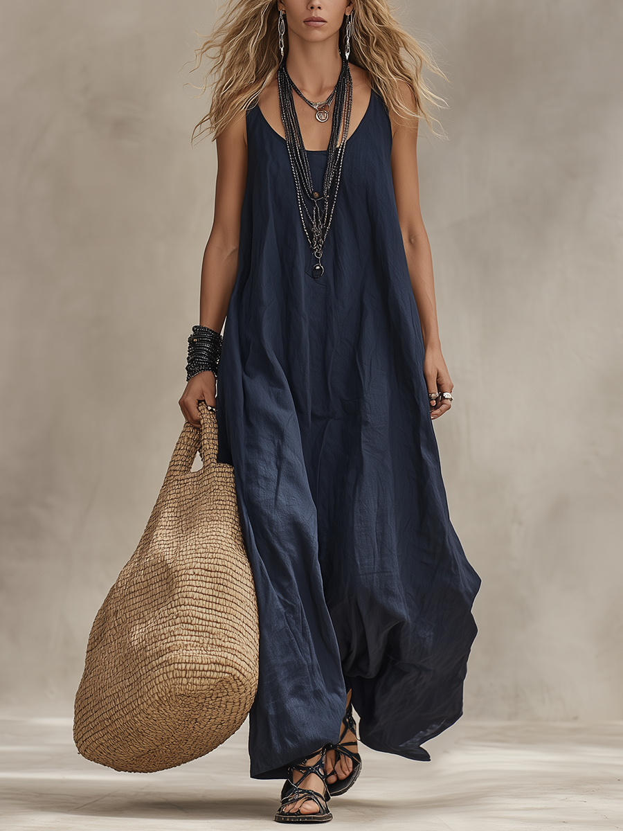 Robe longue bohème fluide bleu marine minuit