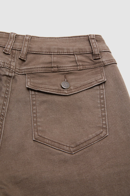 Flap Pocket Stitch Detail Mid Waist Flared Pants Without Belt