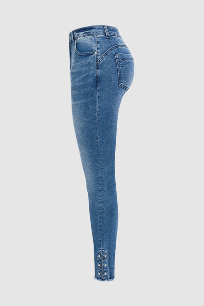 Pearl Button Side Raw Hem High Waist Skinny Jeans
