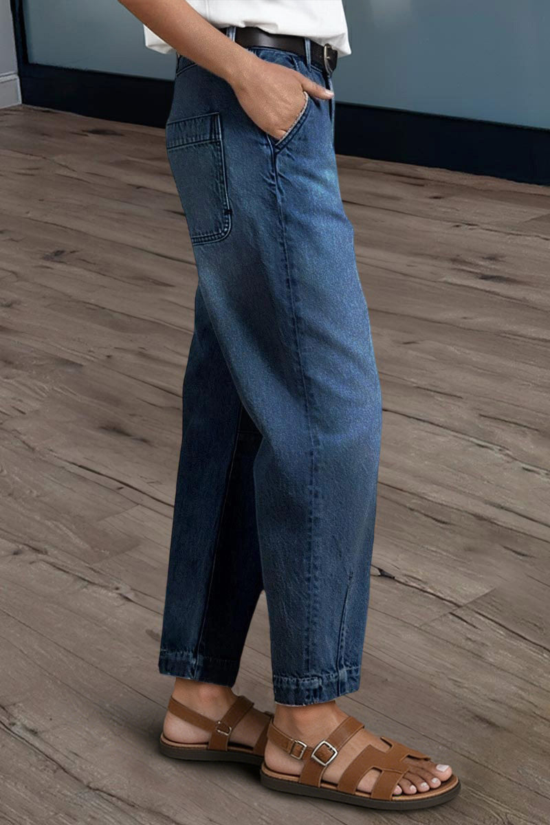 Wash Stitch Detail Mid Rise Barrel Leg Crop Jeans Without Belt