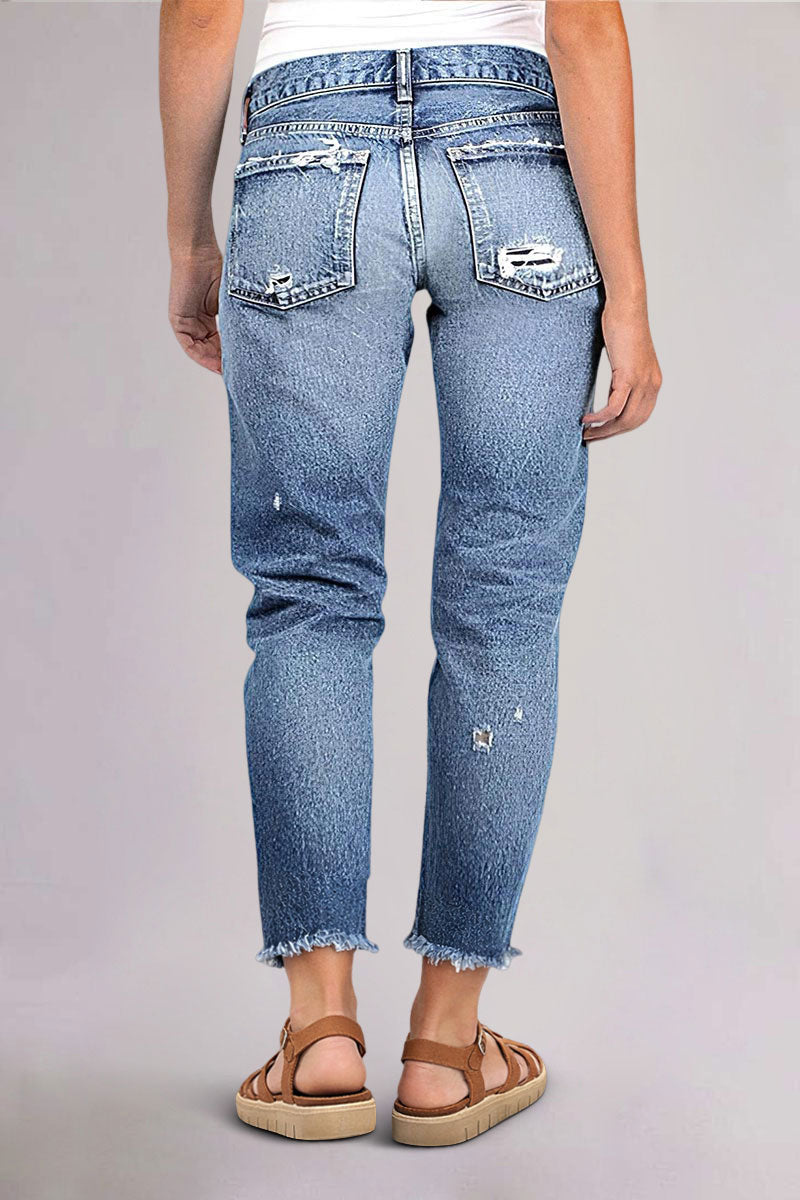 Raw Hem Ripped Mid Rise Straight Leg Crop Jeans