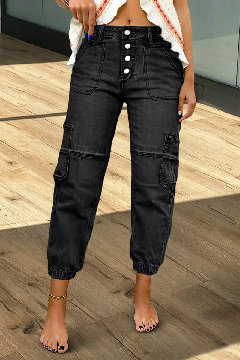 Multi Pocket Button Fly Mid Rise Straight Leg Crop Jeans Without Belt